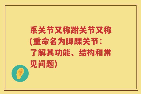 系关节又称跗关节又称(重命名为脚踝关节:了解其功能、结构和常见问题) 系关节又称跗关节又称(重命名为脚踝关节:了解其功能、结构和常见问题)